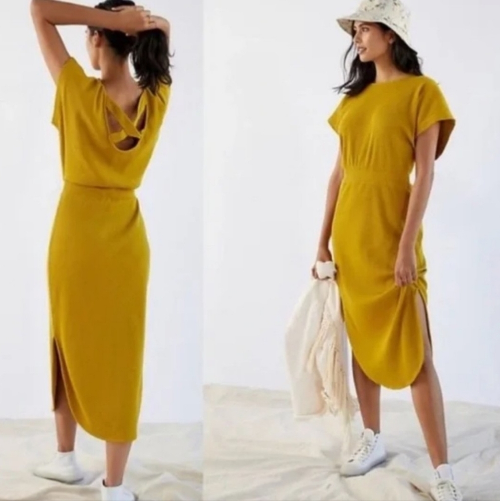 🌻 Anthropologie Daily Practice Mustard Yellow Ribbed Midi Dress